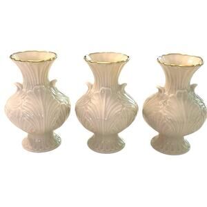 3 VTG LENOX Ivory Porcelain Elfin Bud Vases Acanthus Leaf Pattern 24K Trim 4.5”